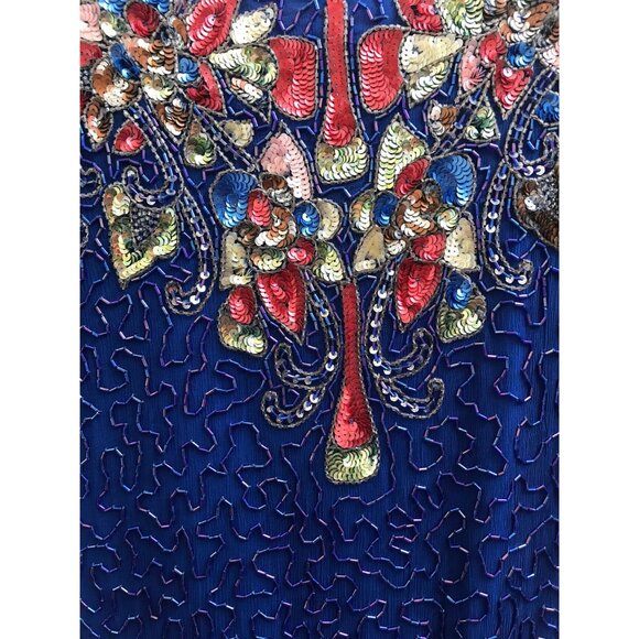 Vintage Swee Lo Royal Blue Sequin Beaded Silk Dress | XS/Small | 80s Cocktail Go - Picture 9 of 10